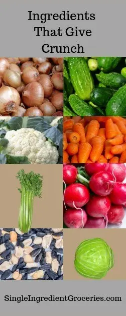 Infographic with grey background and text "Ingredients that give crunch" with images of onions, cucumbers, cauliflower, carrots, celery, radishes, sunflower seeds, and green cabbage. Single Ingredient Groceries