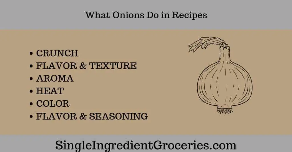 Grey and Tan background with drawing of onion. Text: What onions do in recipes; crunch, flavor & texture, aroma, heat, color, flavor & seasoning; Single Ingredient Groceries