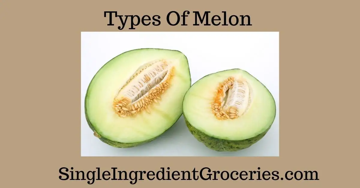 TAN BACKGROUND WITH TITLE "TYPES OF MELON" WITH GREEN MELON WITH SEED CUT IN HALF FOR SINGLE INGREDIENT GROCERIES