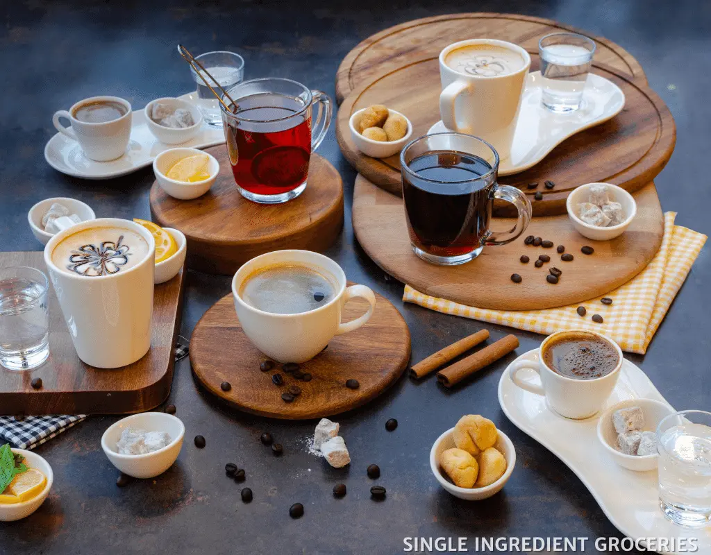 many types of coffee displayed on a table