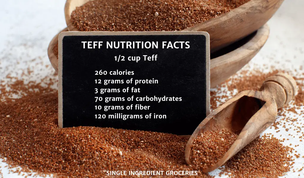 teff nutrition facts sign on table with teff in bowl