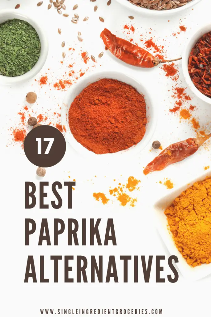 17 Best Paprika Alternatives graphic with a variety of spices in bowls.