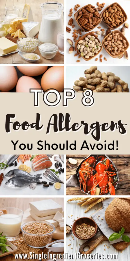 top 8 food allergens Pinterest graphic showing all food allergies