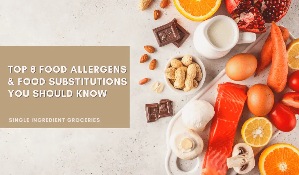 top 8 food allergens blog graphic with peanuts, eggs, fish, and milk displayed