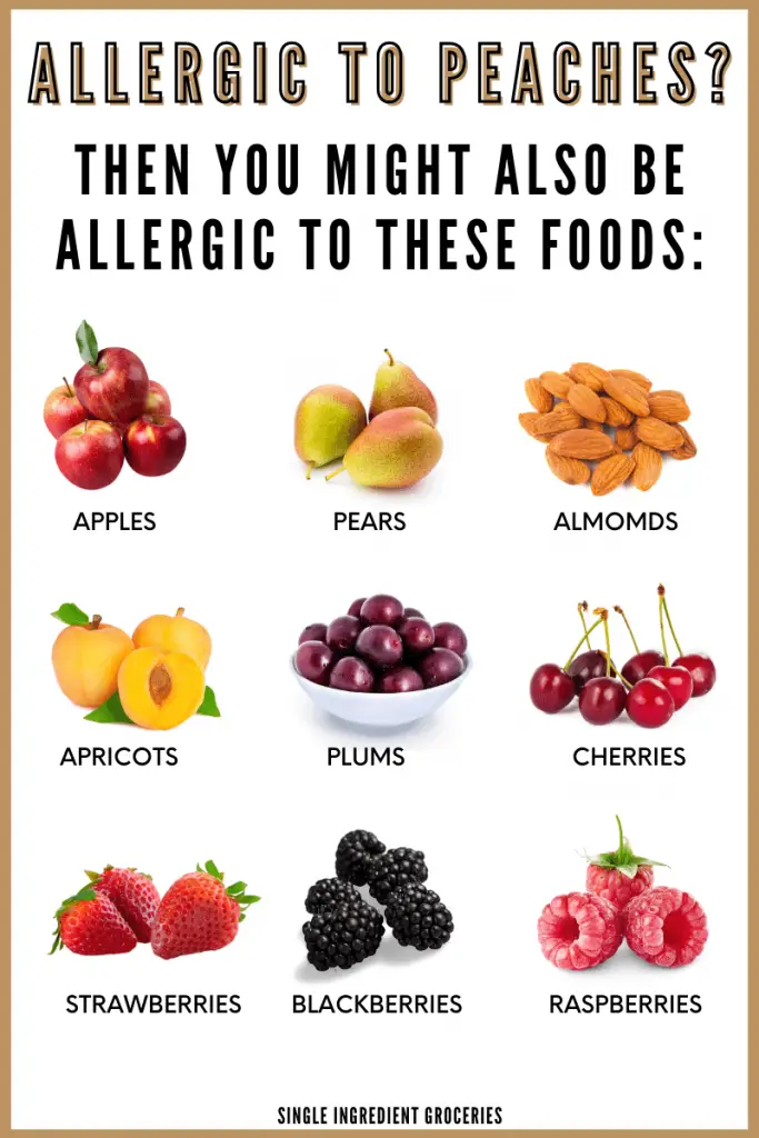 peach allergy infographic with title "allergic to peaches? then you might be allergic to these foods" for blog post about peach allergy for single ingredient groceries. 