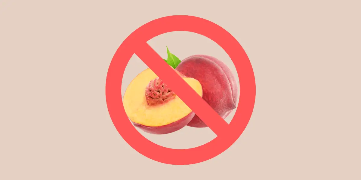 Tan background with red "no" or "prohibited" sign superimposed on a sliced peach and a whole peach for a Single Ingredient Groceries blog post about peach allergy