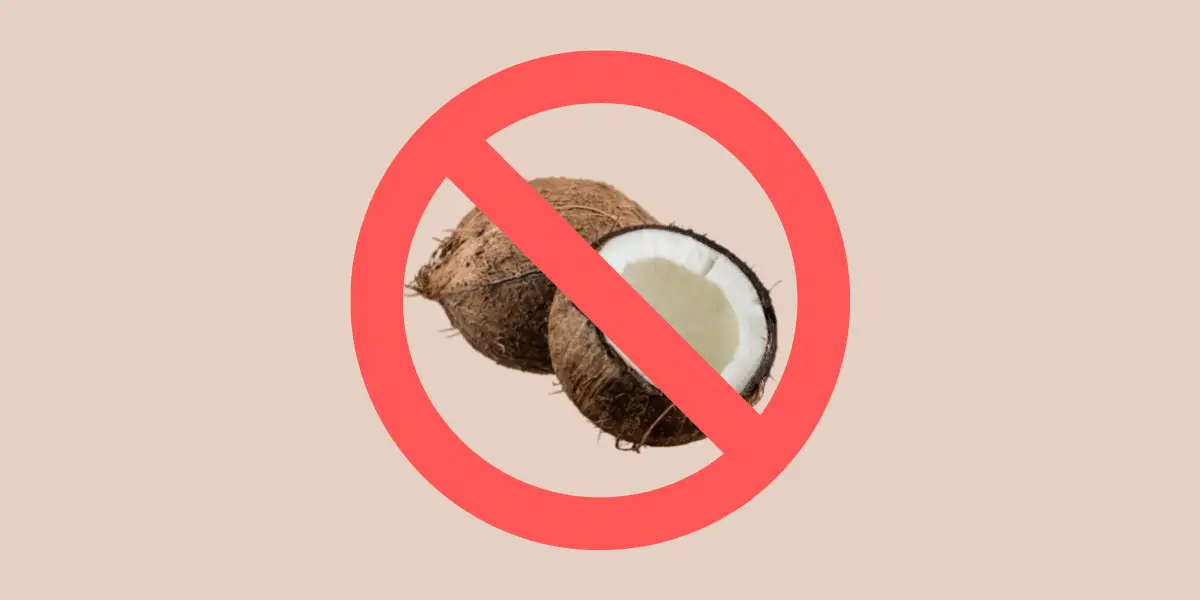 Tan background with red prohibition sign - red no sign - covering image of coconut indicating "no coconut" for blog post about coconut allergy