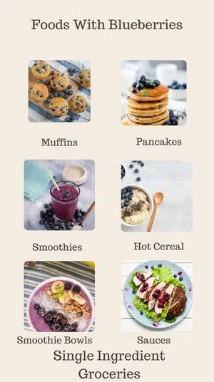 Infographic titled Foods With Blueberries for Single Ingredient Groceries blog post about blueberry allergy; Photo of blueberry muffin, blueberry pancakes, smoothie, oatmeal with blueberry, smoothie bowl and meat topped with blueberries and blueberry sauce