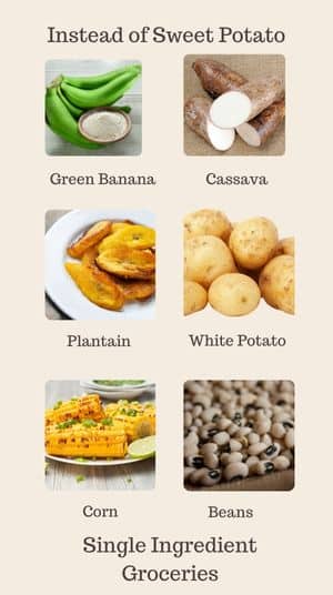 Infographic for Single Ingredient Groceries titled Instead of Sweet Potato with picture of and label of Green Banana, Cassava, Plantain, White Potato, Corn, Beans