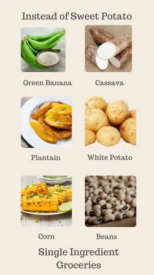 Infographic for Single Ingredient Groceries titled Instead of Sweet Potato with picture of and label of Green Banana, Cassava, Plantain, White Potato, Corn, Beans