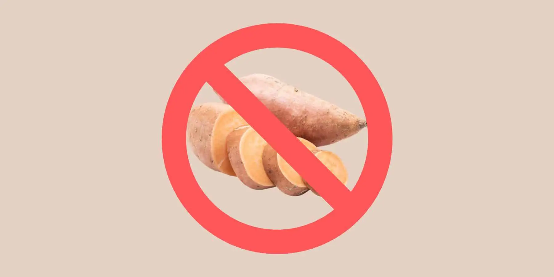 A whole sweet potato and a sliced sweet potato with a red no / prohibited sign for blog post about sweet potato allergy