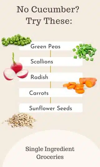 Infographic titled "No cucumber? Try these" for Single Ingredient Groceries blog post about cucumber allergy. Images and text for green pes, scallions, radish, carrots, sunflower seeds. 