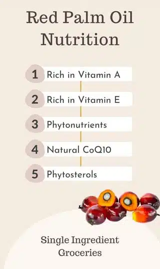 Infographic for Single Ingredient Groceries with photo of red palm kernels with title Red Palm Oil Nutrition and list: Rich in Vitamin A, Rich in Vitamin E, Phytonutrients, Natural CoQ10, Phytosterols. 